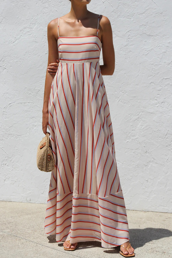 Striped Printed Square Neck Sleeveless Ruched Casual Maxi Dress