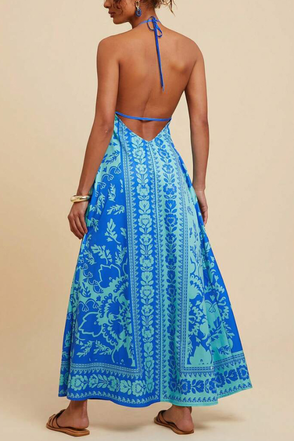 Unique Printed V-neck Backless Casual Vacation Maxi Dress