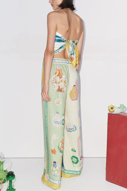 Creating Memories Linen Blend Unique Print Elastic Waist Pocket Wide Leg Pants-consonak