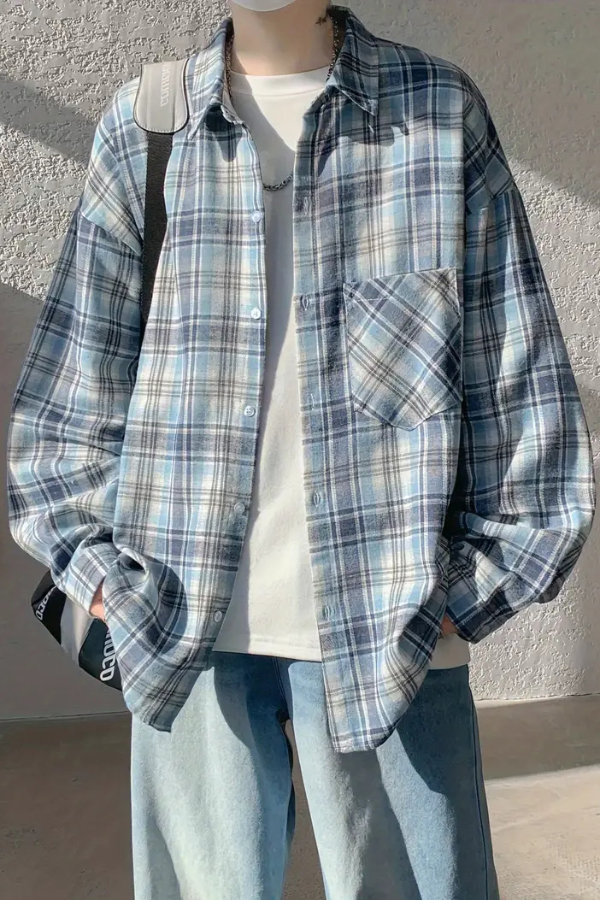 Stylish Plaid Collared Long-sleeved Pockets Casual Loose Shirt
