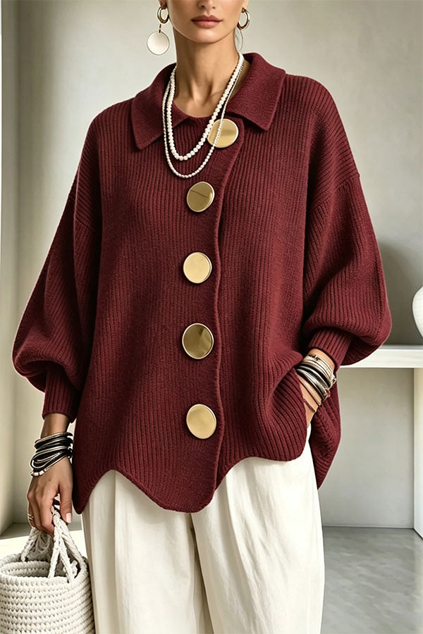 Shelia Knit Oversized Metal Buckle Balloon Sleeve Lapel Cardigan-Consonak