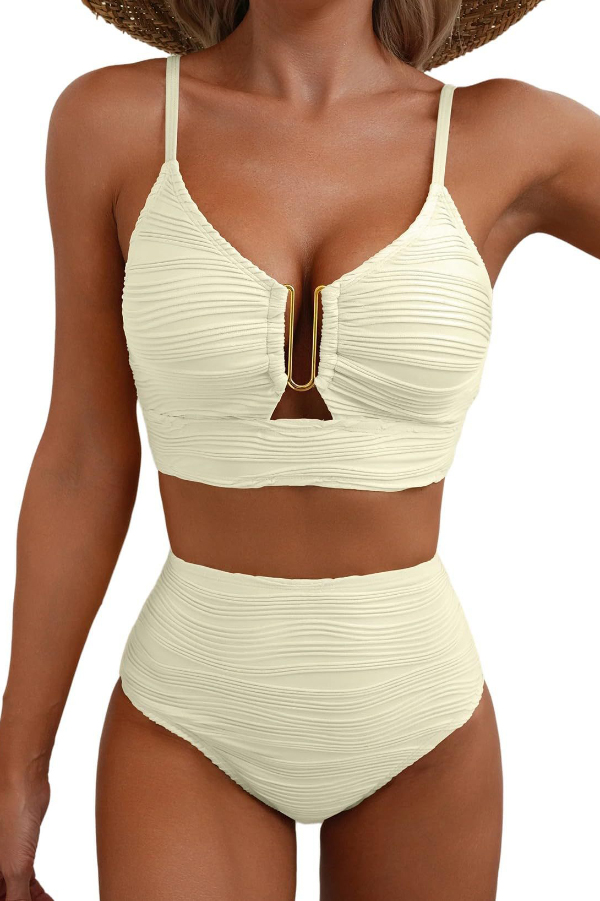 Solid Color V-neck Hollowed-out Pleated High Waist Stretch Two-Piece Bikini Swimsuit | Consonak
