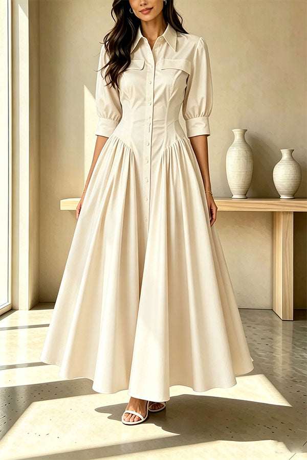 Elegant Linen Blend High Waisted Button Front Detail Pocket Shirt Umbrella Maxi Dress-Consonak