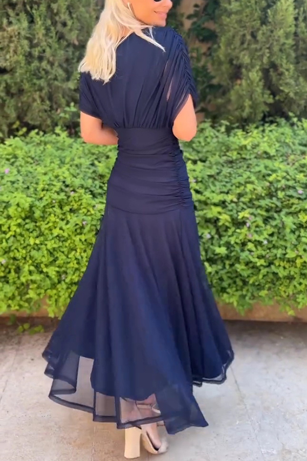 Unique Printed V-Neck Waisted Mesh Holiday Maxi Dress-consonak