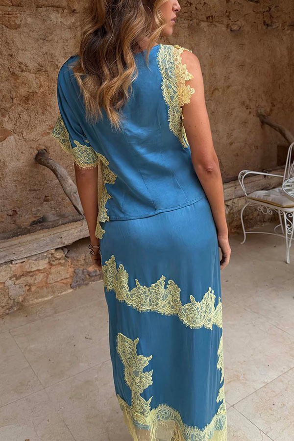 Kira Contrast Color Satin Lace Trim High Rise Maxi Skirt