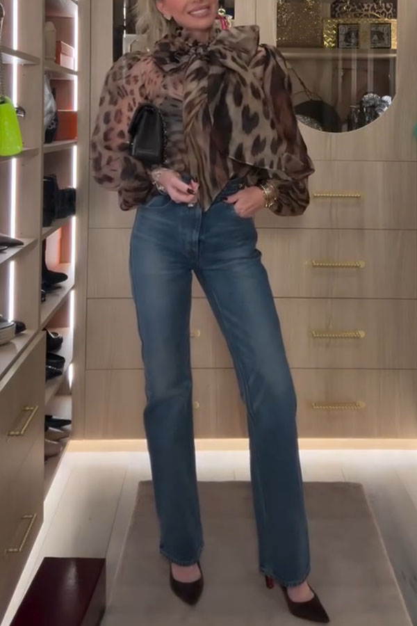 Peregrine Semi-sheer Silk Animal Print Bow Neck Balloon Sleeve Loose Blouse-consonak