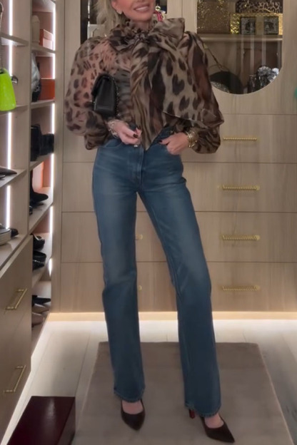 Peregrine Semi-sheer Silk Animal Print Bow Neck Balloon Sleeve Loose Blouse-consonak