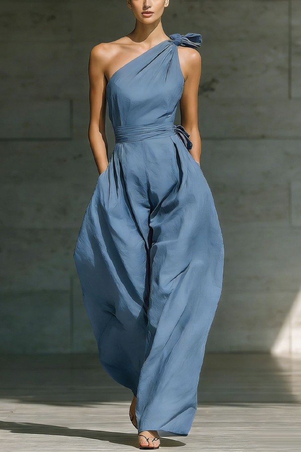 Solid Color Sleeveless One-shoulder Fitted Waist Casual Pocket Loose Wide-leg Jumpsuit