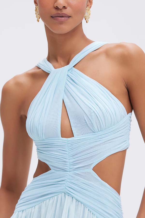 Graceful Modern Chiffon Twist Halter Neck Cutout Pleated Maxi Dress-consonak