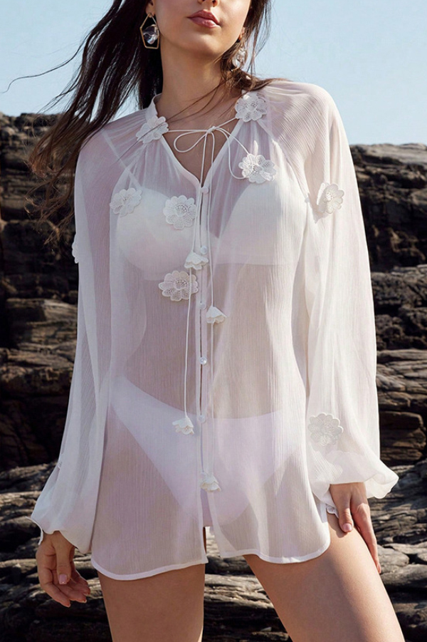 Solid Color Sheer Chiffon Long-sleeved Loose Cover-up Top-consonak