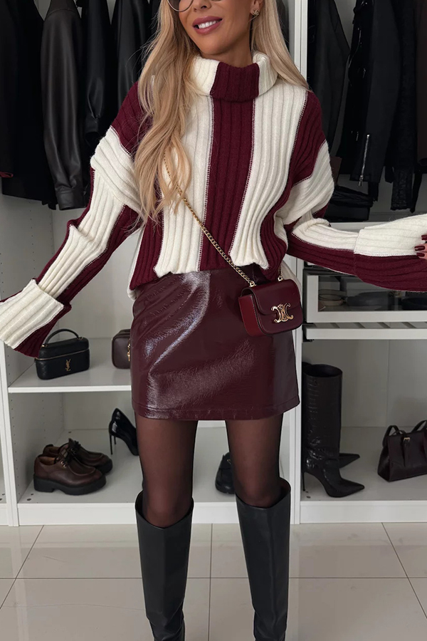 Comfort and Warmth Knit Color Block Long Sleeve Turtleneck Sweater-consonak