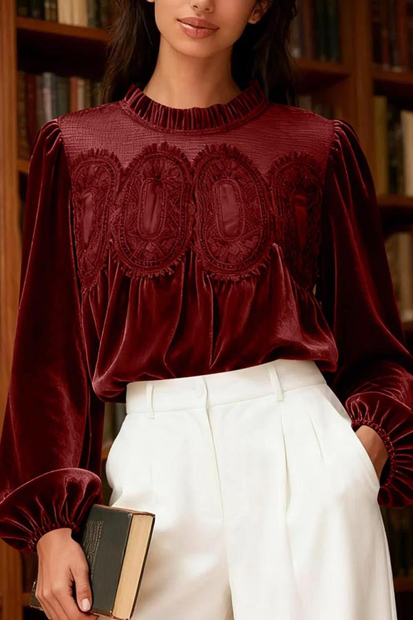 Fashionable Velvet and Lace Patchwork Loose Long-sleeved Top-consonak