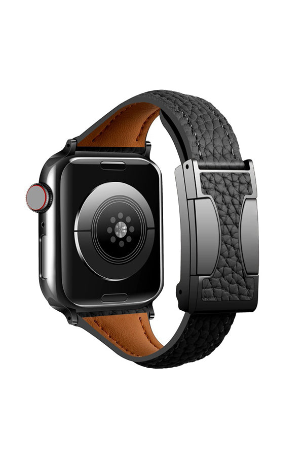 Fashionable Genuine Leather Lychee Pattern Double C Magnetic Buckle Watch Strap-consonak