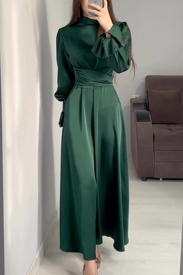 Solid Color Ruffled Sleeves Waisted Tie Slim Fit Maxi Dress-consonak