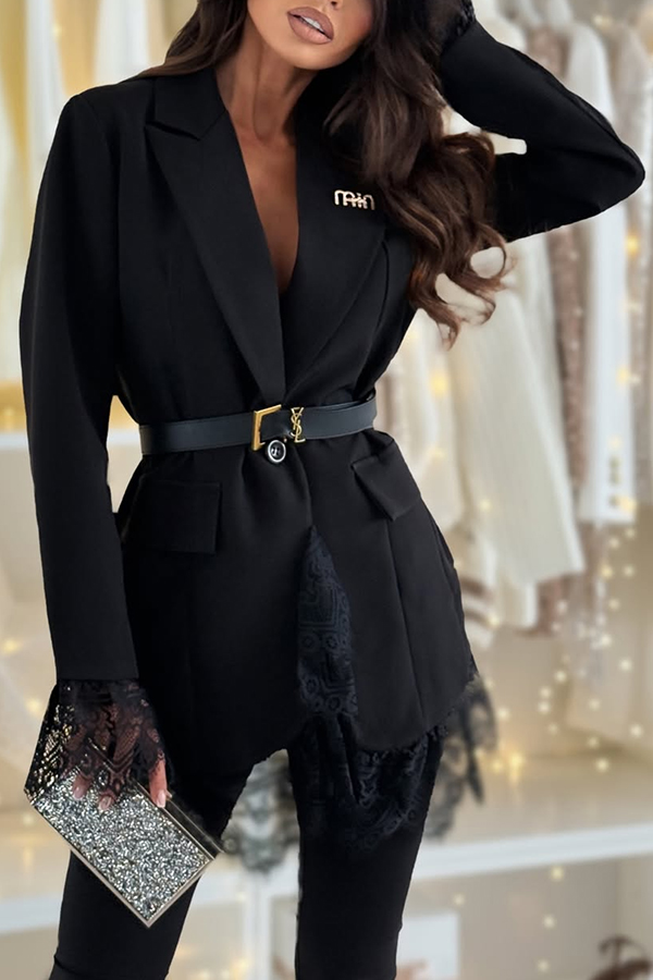 Spiced Muse Lace Trim Button Up Long Sleeve Lapel Blazer | Consonak