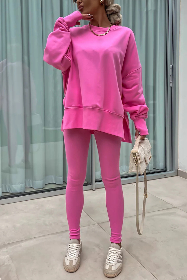 Solid Color Loose Long Sleeve SlitSweatshirt and Elastic Waist Tight Pants Set-consonak