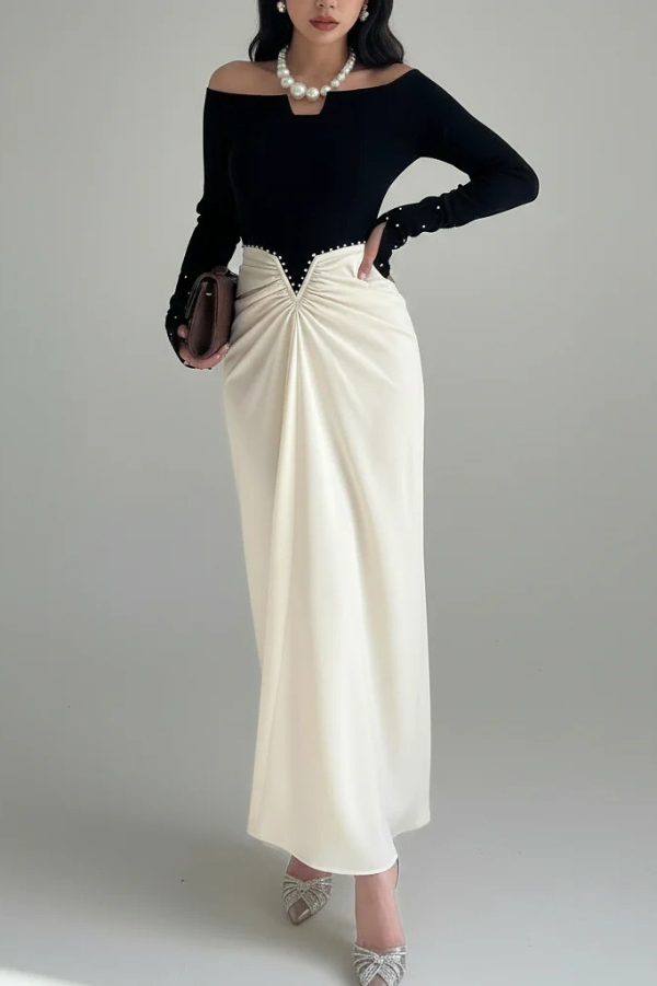 Stylish Pearl-embellished Elegant Off-shoulder Long-sleeved Draped Maxi Dress-consonak
