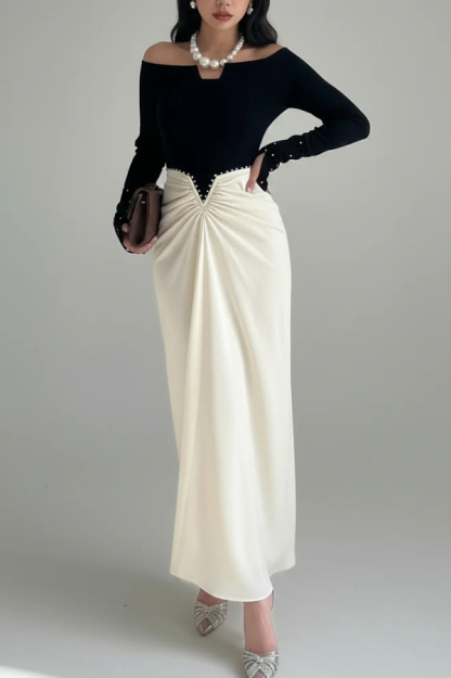 Stylish Pearl-embellished Elegant Off-shoulder Long-sleeved Draped Maxi Dress-consonak