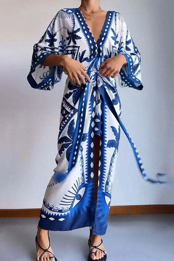 Chic Palm Tree Ethnic Print Fake Two Piece Lace Up Maxi Dress-consonak