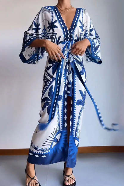 Chic Palm Tree Ethnic Print Fake Two Piece Lace Up Maxi Dress-consonak