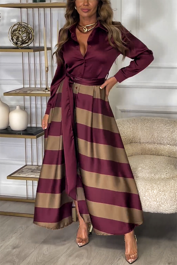 Lindsey Satin Colorblock Contrast Long Sleeve Belted Shirt Maxi Dress-consonak