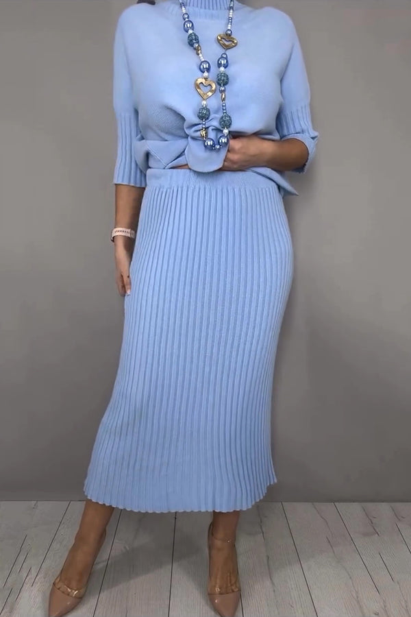 Solid Color Loose-fitting Turtleneck Knit Sweater and Stretchy Elegant Midi Skirt Set-consonak
