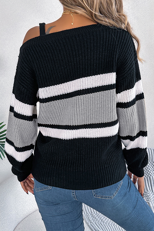 Striped Contrasting Metal Buckle Loose Long-sleeved Knitted Sweater-consonak