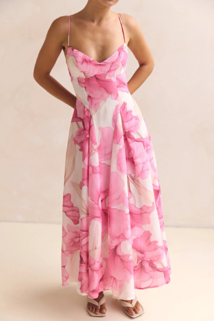 Floral Print Spaghetti Strap Backless Holiday Maxi Dress-consonak