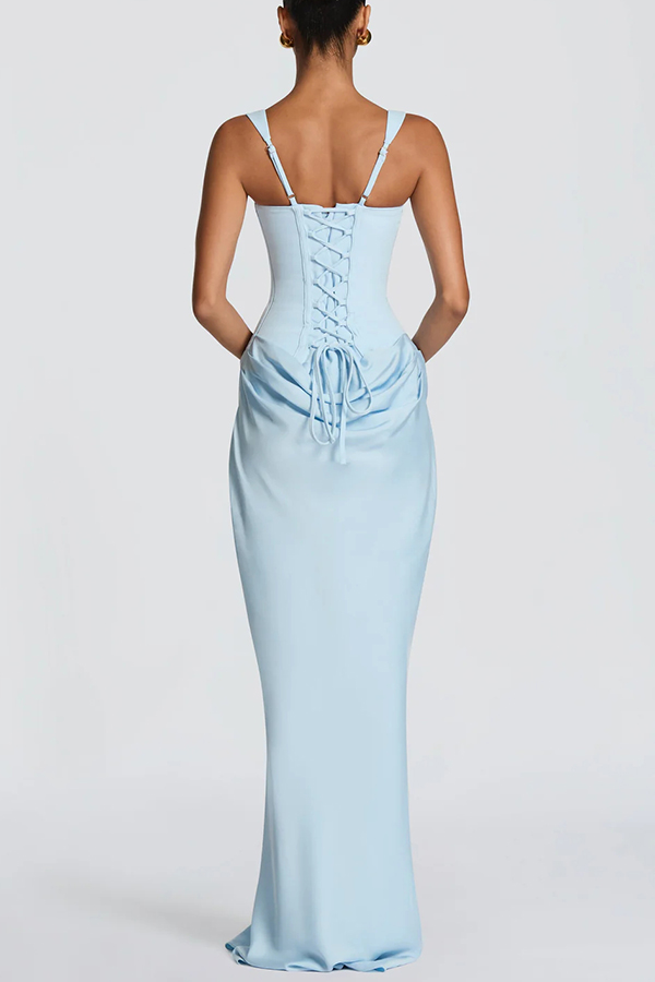 Larrah Square Neck Back Lace-up Satin Drape Hem Maxi Dress-consonak