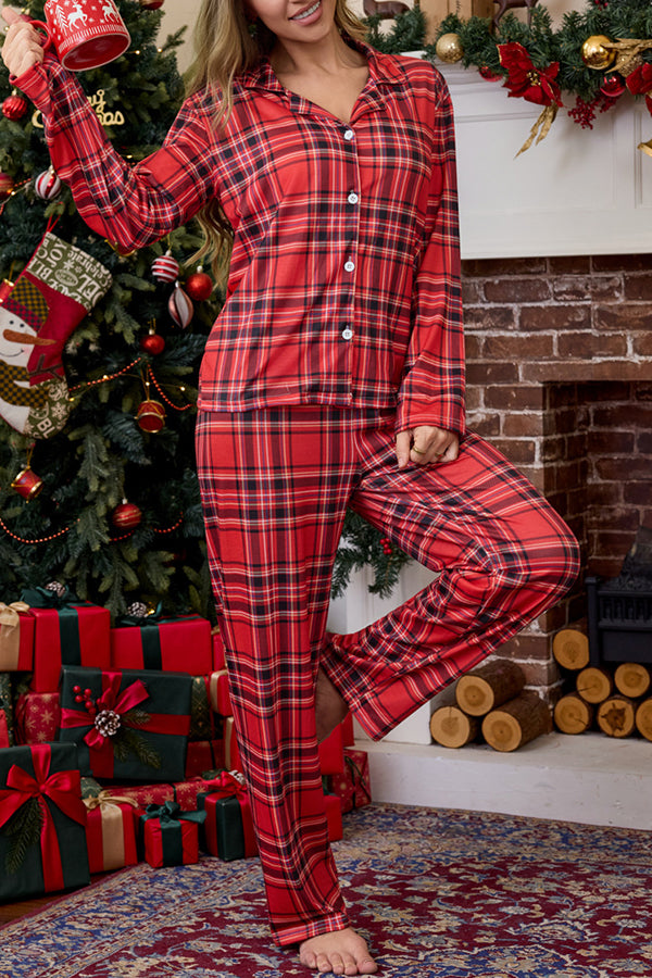 Plaid Print Casual Long-sleeved Shirt and Elastic Waist Pants Set-consonak