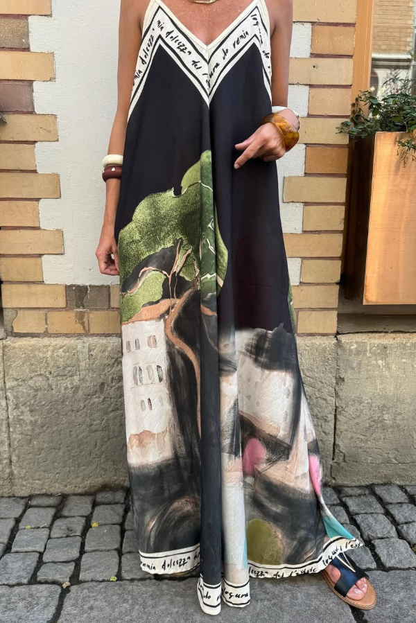 Unique Print Loose-fitting V-neck Casual Holiday Maxi Dress