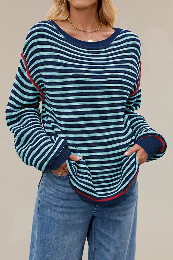 Striped Knit Loose-fitting Crew Neck Long-sleeved Casual Sweater-consonak