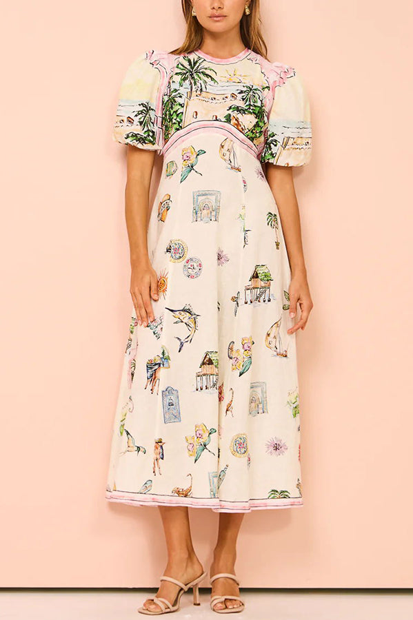 European Summer Sunset Linen Blend Unique Print Puff Sleeve Midi Dress-consonak