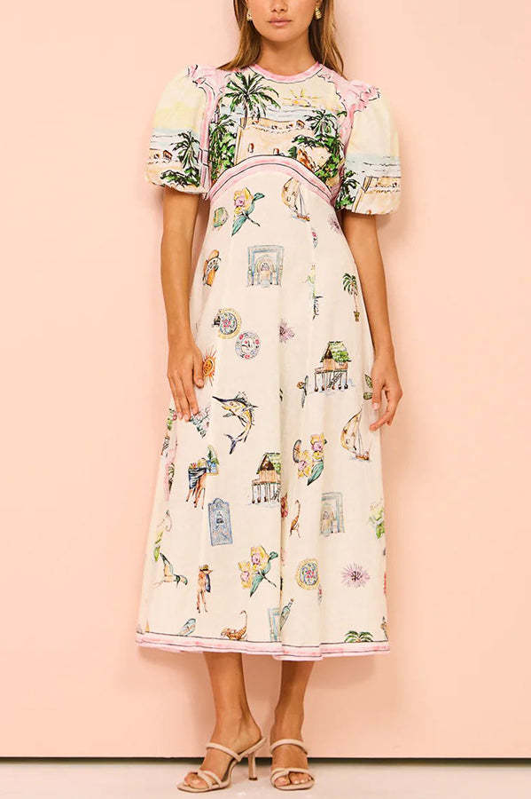 European Summer Sunset Linen Blend Unique Print Puff Sleeve Midi Dress-consonak