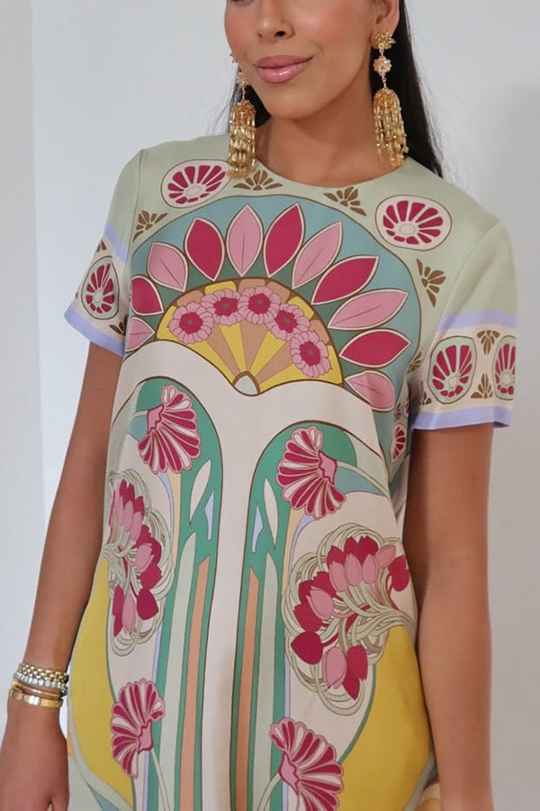 Jazlynn Satin Colorful Baroque Style Printed Short Sleeve Feather Trim Maxi Dress | Consonak