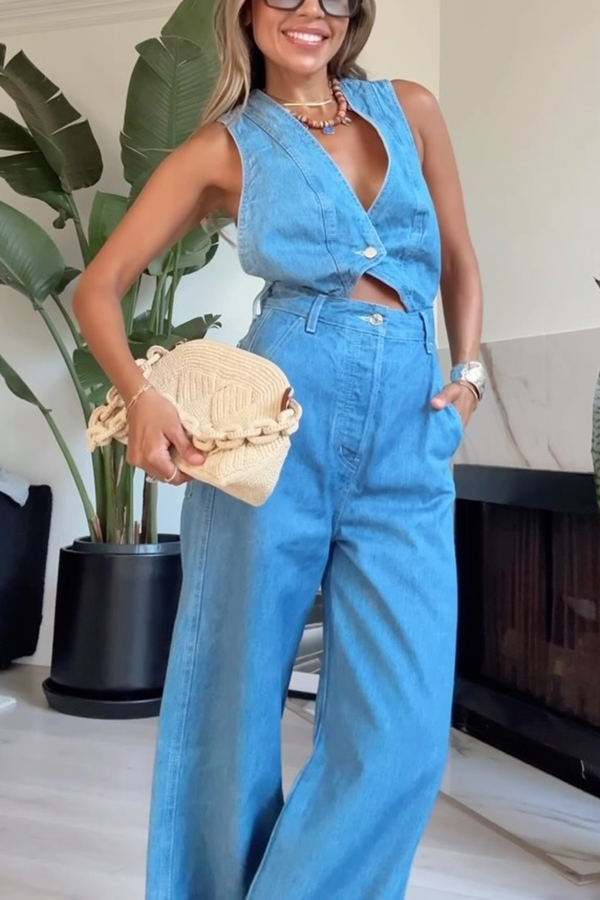Bold Design Denim Vest-inspired Bodice Crisscross Strap Pocket Loose Jumpsuit