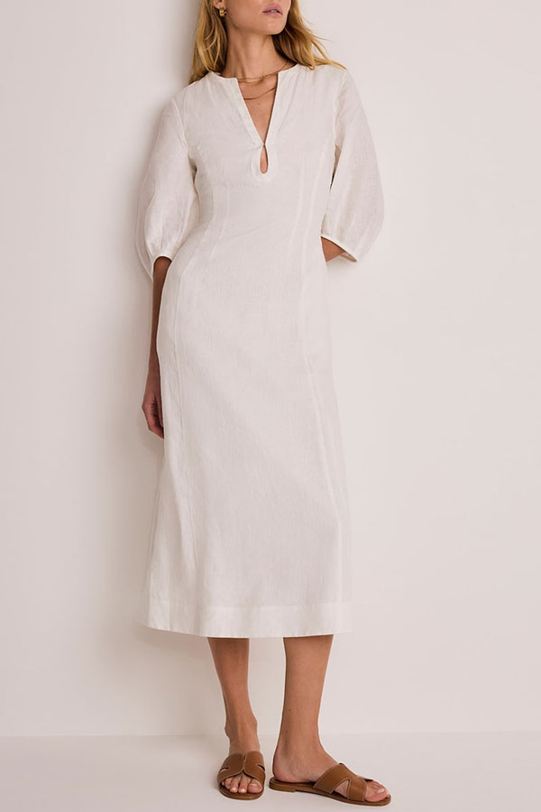 Verrah Linen Blend Key-hole Detail Neck Puff Half Sleeve Pocket Midi Dress