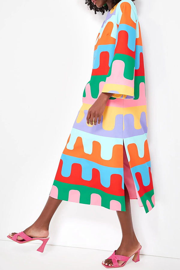 Bright Day Colorful Ripple Print Side Slit Midi Dress-consonak