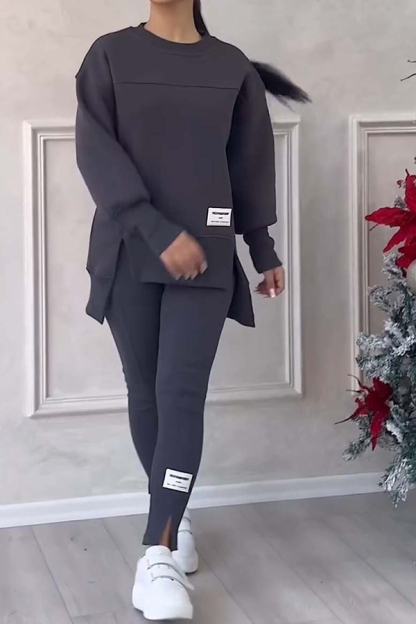 Fashionable Irregular Long-sleeved Sweatshirt and Elastic Waist Pants Set-consonak