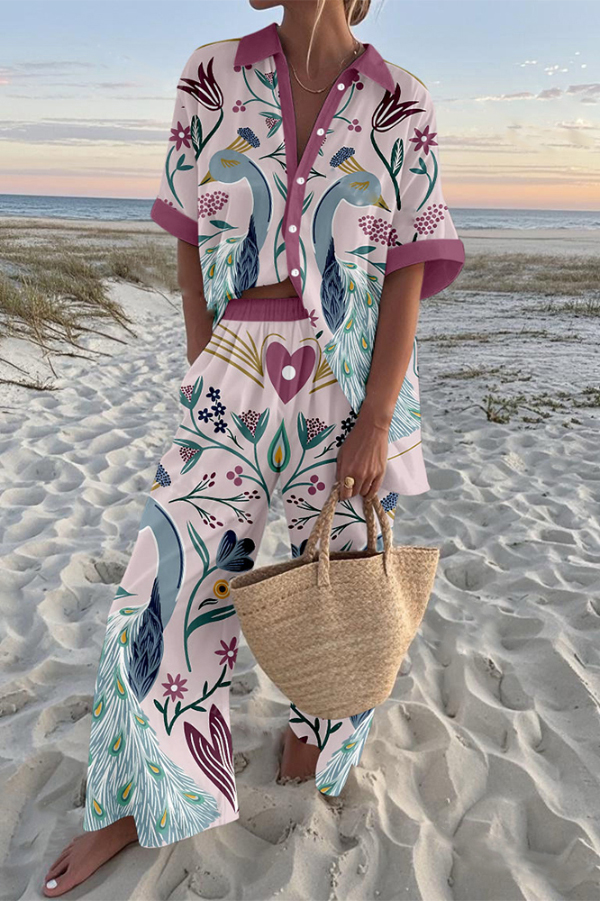 Green Peacock Print Oversized Shirt and Elastic Waist Pocket Pants Set-consonak