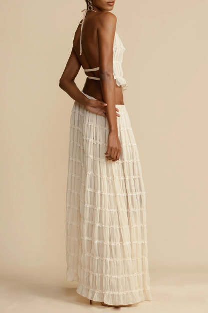Versatility and Vintage Charm Pleated Drawstring Waist Tiered Maxi Skirt-consonak