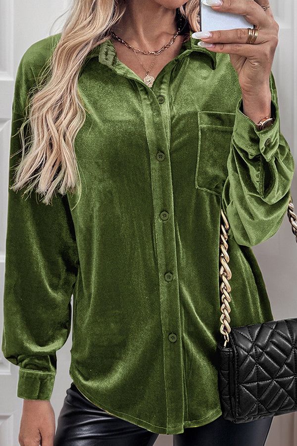 Solid Color Velvet Casual Lapel Pocket Loose Shirt-consonak