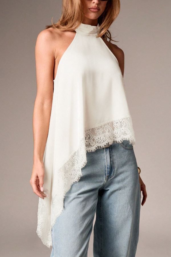 Solid Color Satin Sleeveless Lace Hem Loose Top