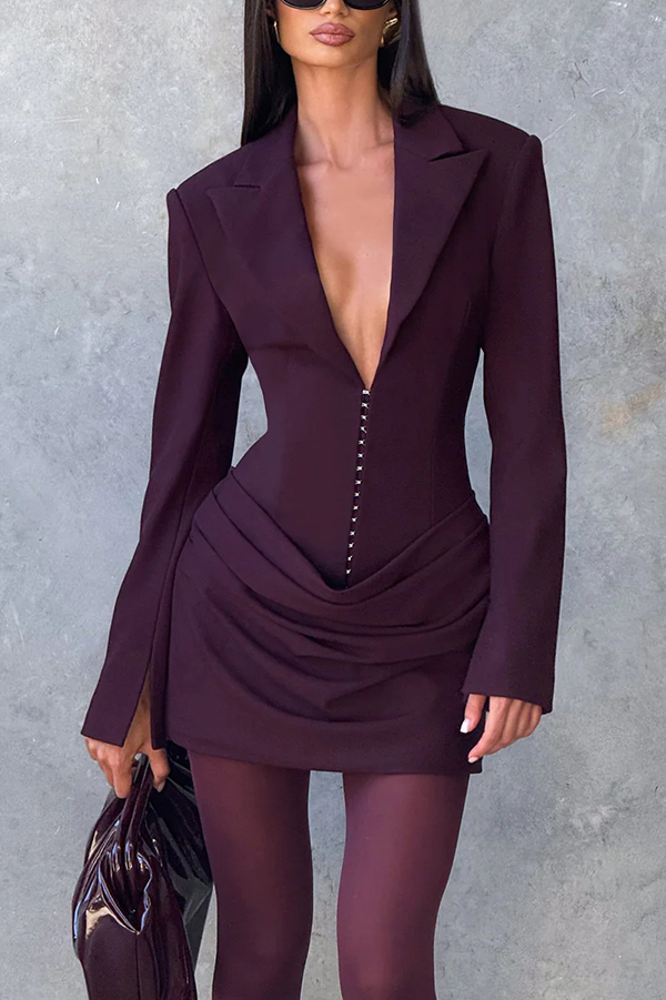 Solid Color Slim-fit V-neck Elegant Draped Formal Mini Dress-consonak