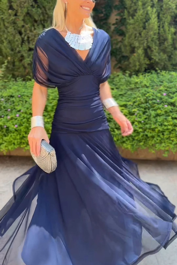 Unique Printed V-Neck Waisted Mesh Holiday Maxi Dress-consonak