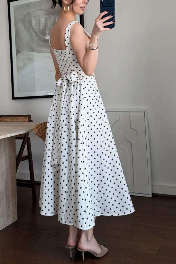Ultimate Elegance Polka Dot Print Square Neck tie-up waist Flare midi Dress