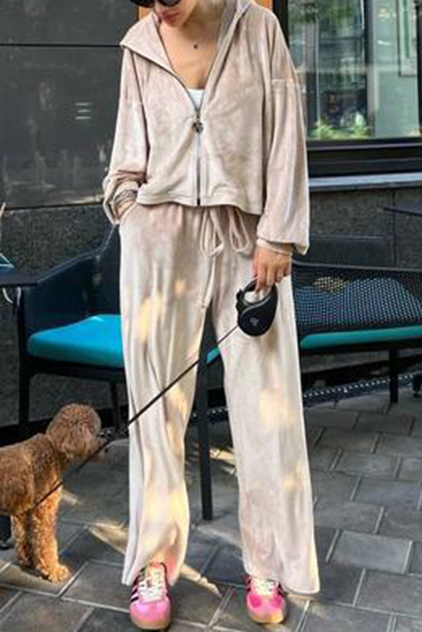 Velvet Casual Zip-up Hooded Top and Elastic Waist Wide Leg Pants Set-consonak