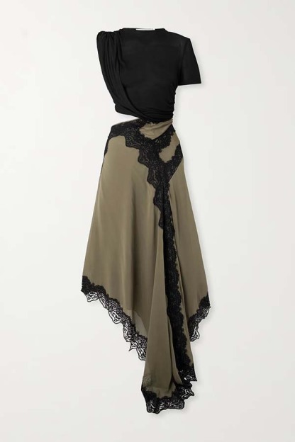 Verve Ribbed Jersey Cutout Waist Asymmetric Satin Lace Hem Maxi Dress-consonak