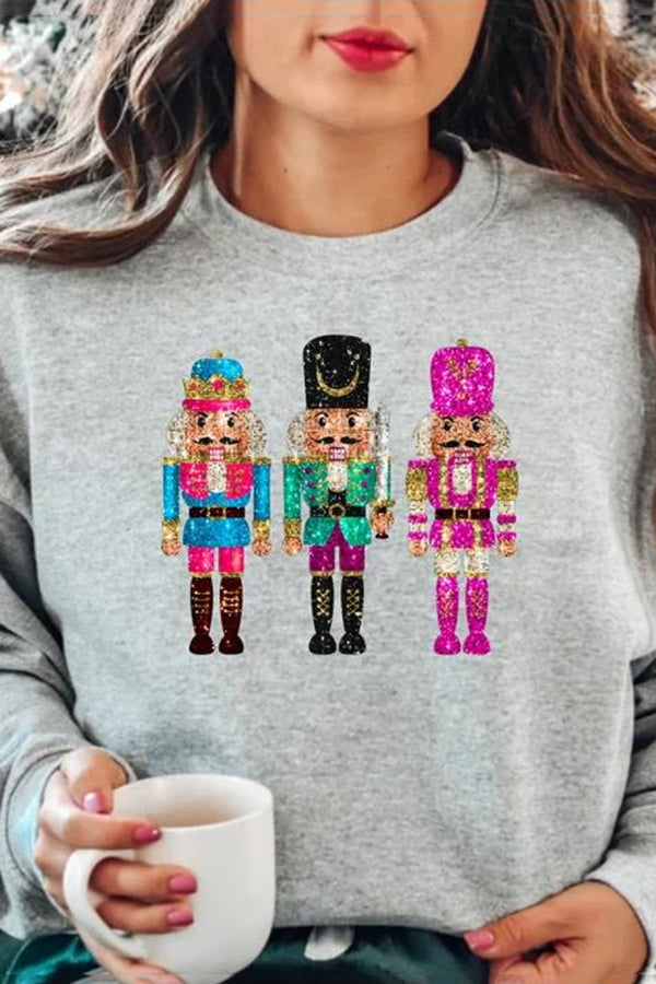 Christmas Soldier Sequin Loose Crew Neck Long Sleeve Sweatshirt-consonak