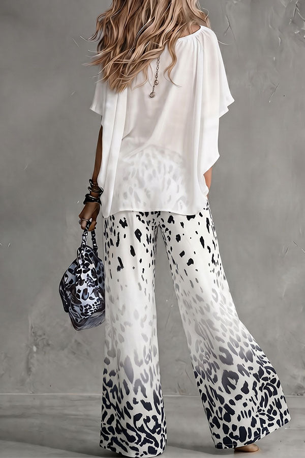 Safari Glam Draped Blouse & Ombre Leopard Wide-Leg Trousers Set-Consonak